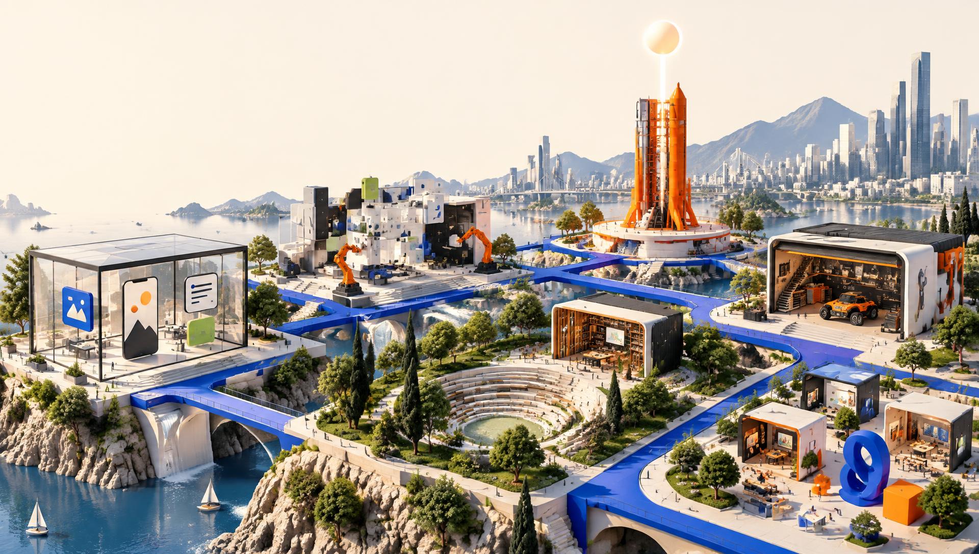 An isometric creative city filled with studios, gardens, towers, and workshops